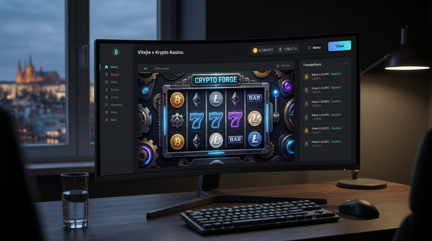 Moderní krypto kasino rozhraní s prvky Bitcoinu a slotů