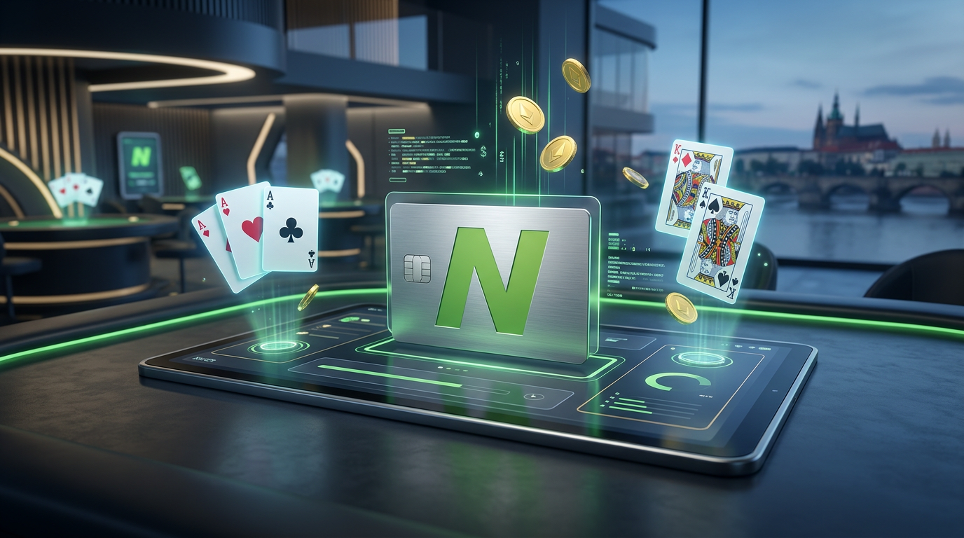Luxusní vizualizace Neteller loga v prostředí moderního digitálního kasina